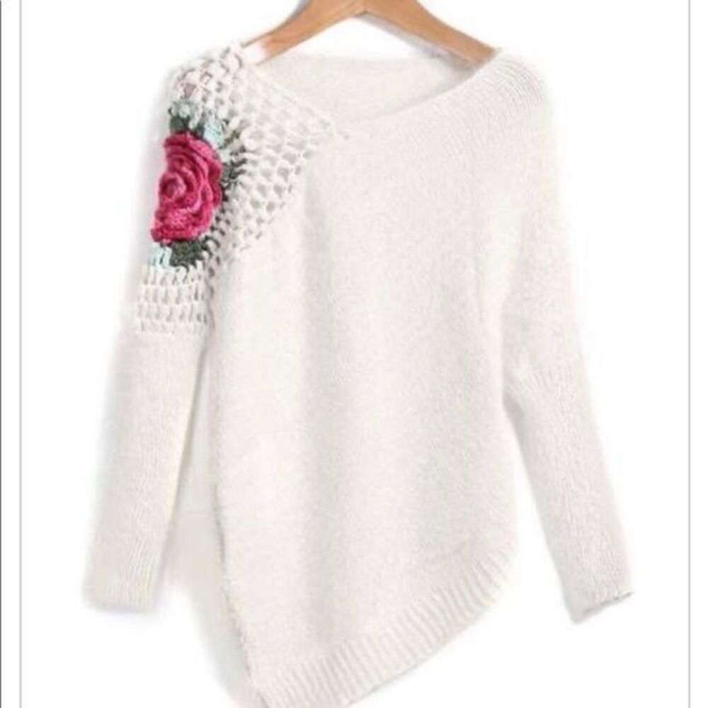 Rose Sleeved White Sweater Floral /Cut Out